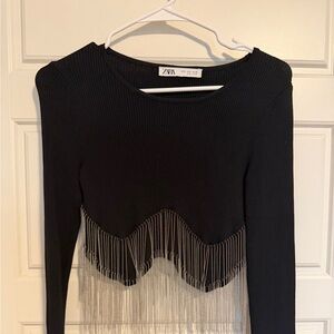 ZARA Long-sleeve fringe cropped shirt